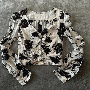 Free People If You Had My Love Printed Blouse SMALL Long Sleeve Smocked